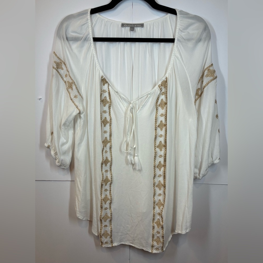 Daniel Rainn Ivory Embroidered Boho Tassel Tie Peasant Blouse Size 2X